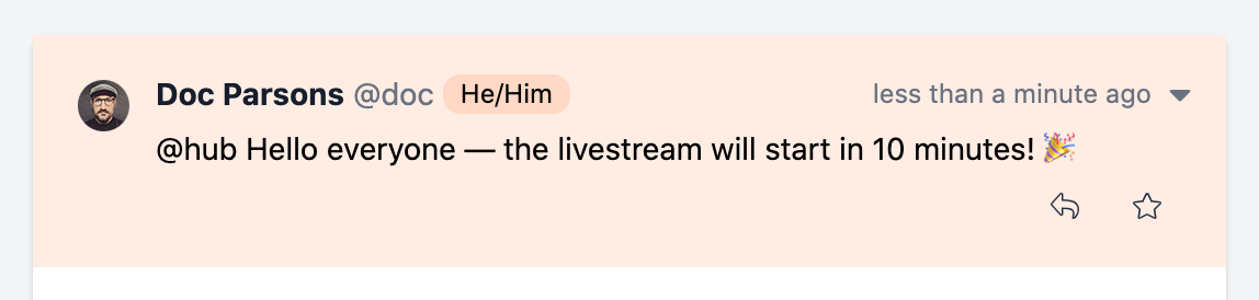 Screenshot of an @hub announcement