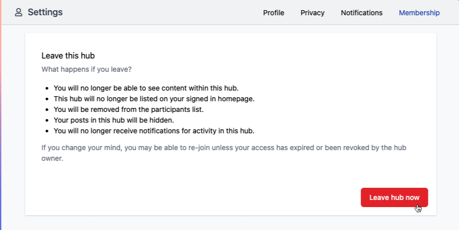 Screenshot of confirm modal to leave a Vito hub