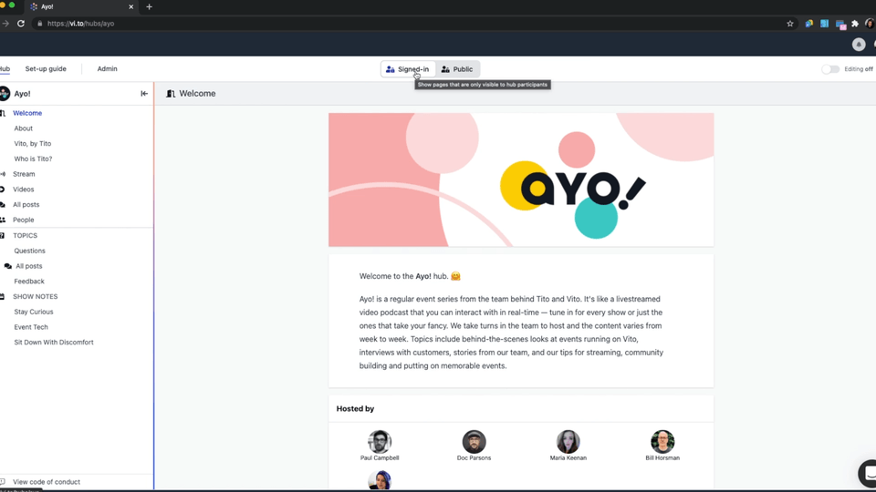 Animated gif of toggling hub between member and public view