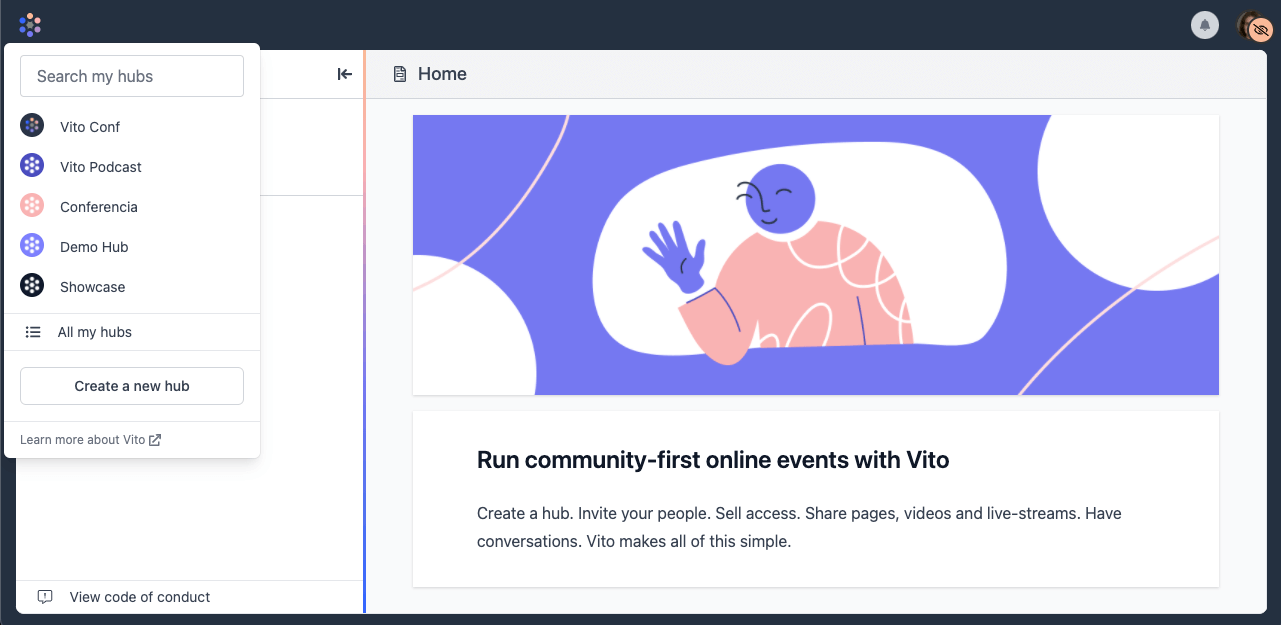 Screenshot of quick switcher menu under the Vito logo