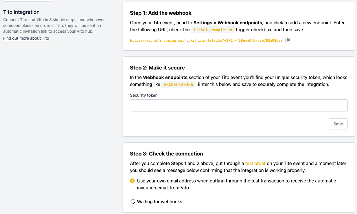 Screenshot of form to connect Vito to Tito