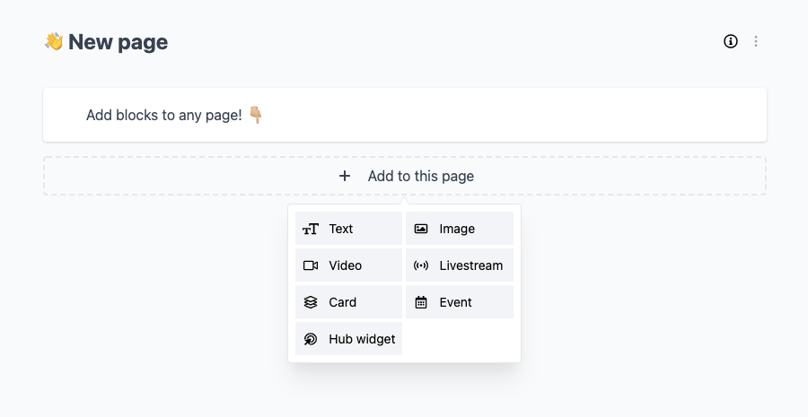 Screenshot of modal to add different block types to page