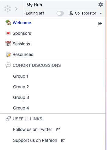 Screenshot of the sidebar with links to different parts of the hub