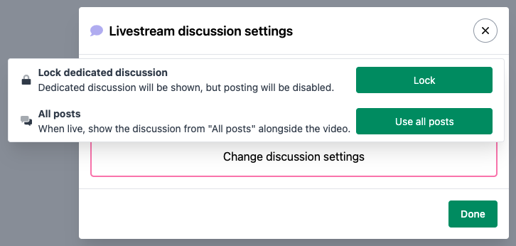 Livestream discussion settings modal