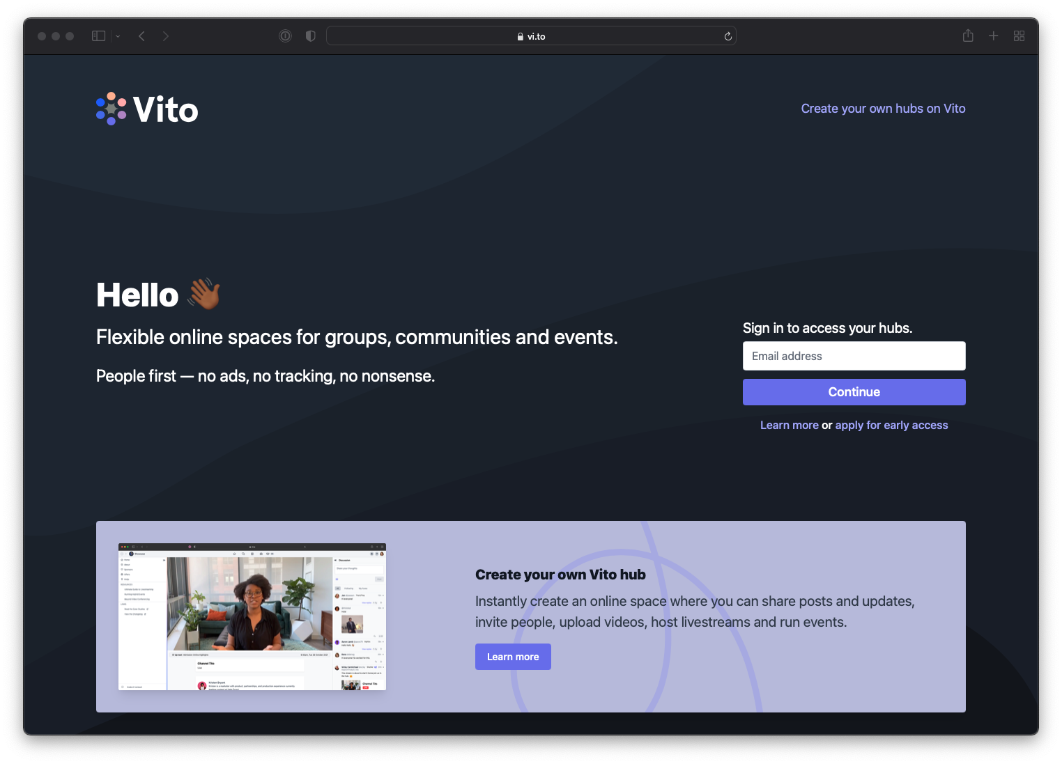 Screenshot of the new Vito homepage