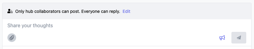 Screenshot of the post box with a message to show that only collaborators can post but everyone can reply