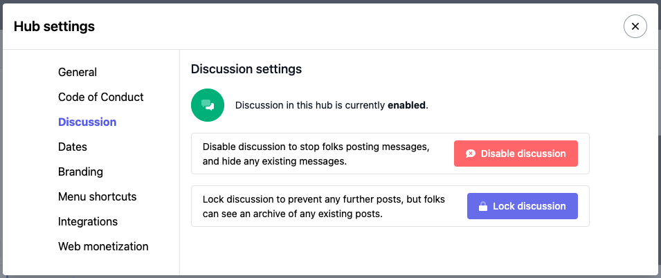Screenshot of the hub settings modal with the discussion settings tab selected