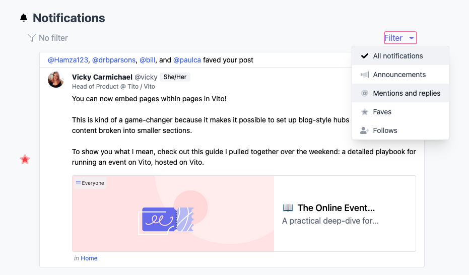Screenshot of the notifications feed showing grouped likes and an open menu to filter by type