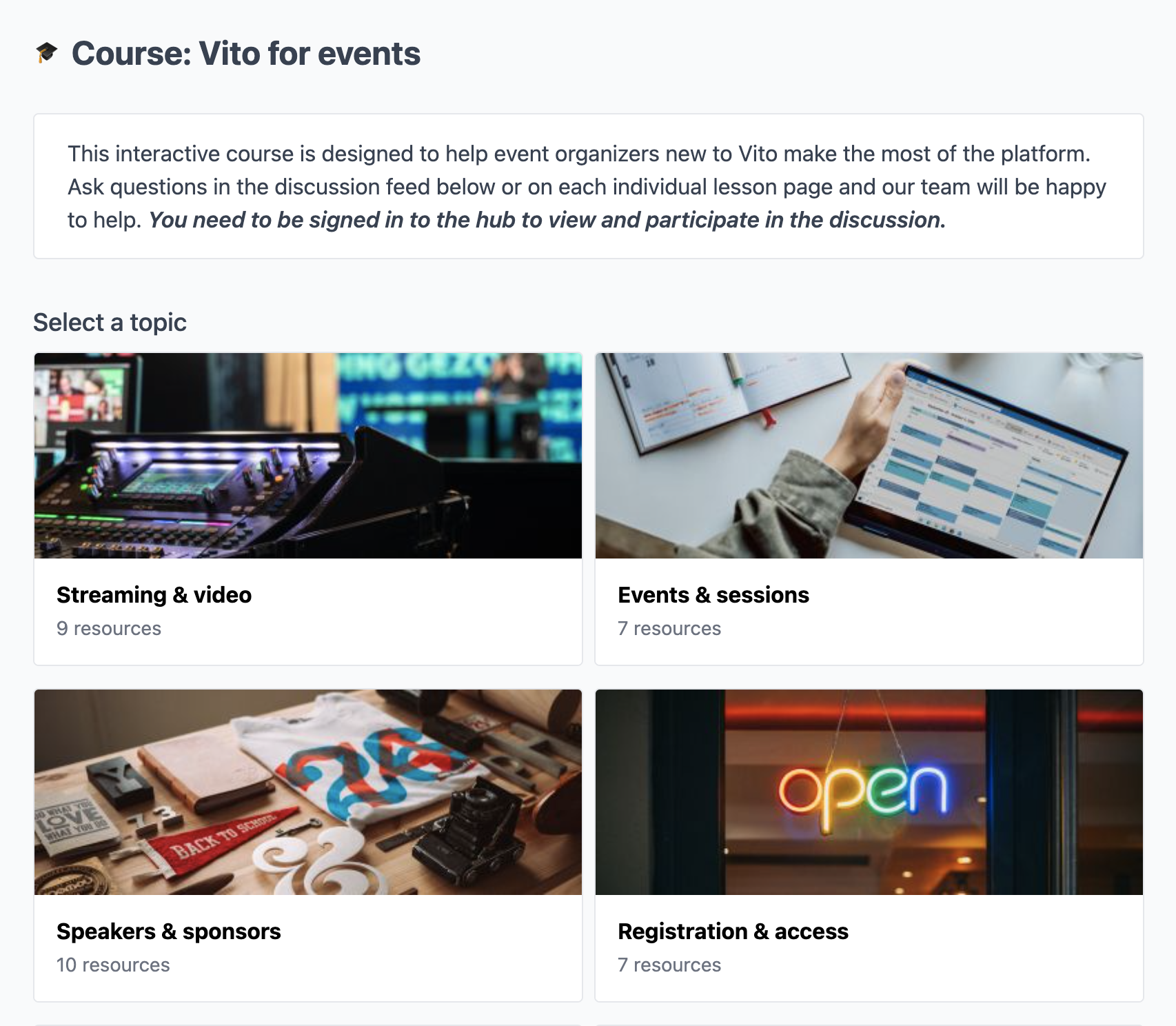 Screenshot of interactive course page in Vito hub that makes use of embedded page blocks