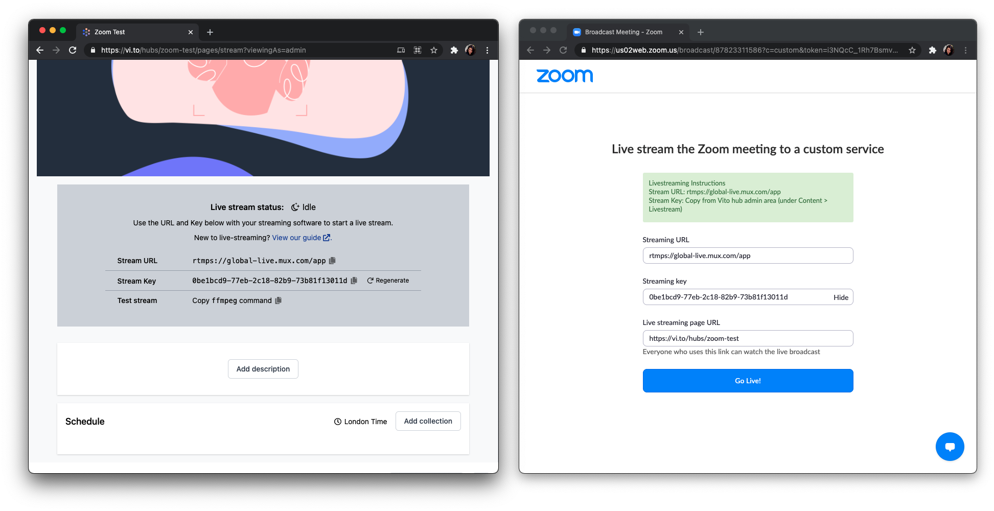 Side-by-side screenshots of Vito and Zoom stream settings