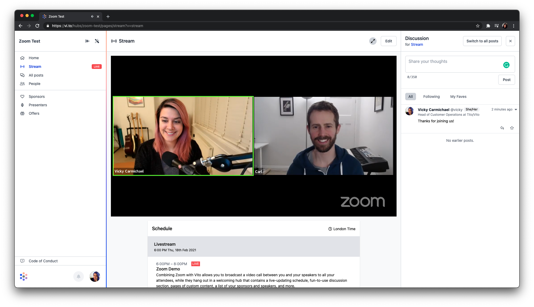 Screenshot of a Vito hub using the Zoom to livestream
