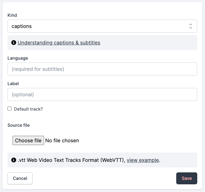 User interface screenshot from Vito showing the .vtt file upload form