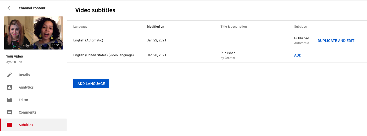 User interface screenshot from YouTube showing their Video subtitles screen