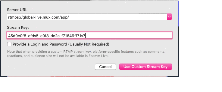 Example screenshots of where you add the stream key and URL in various streaming apps