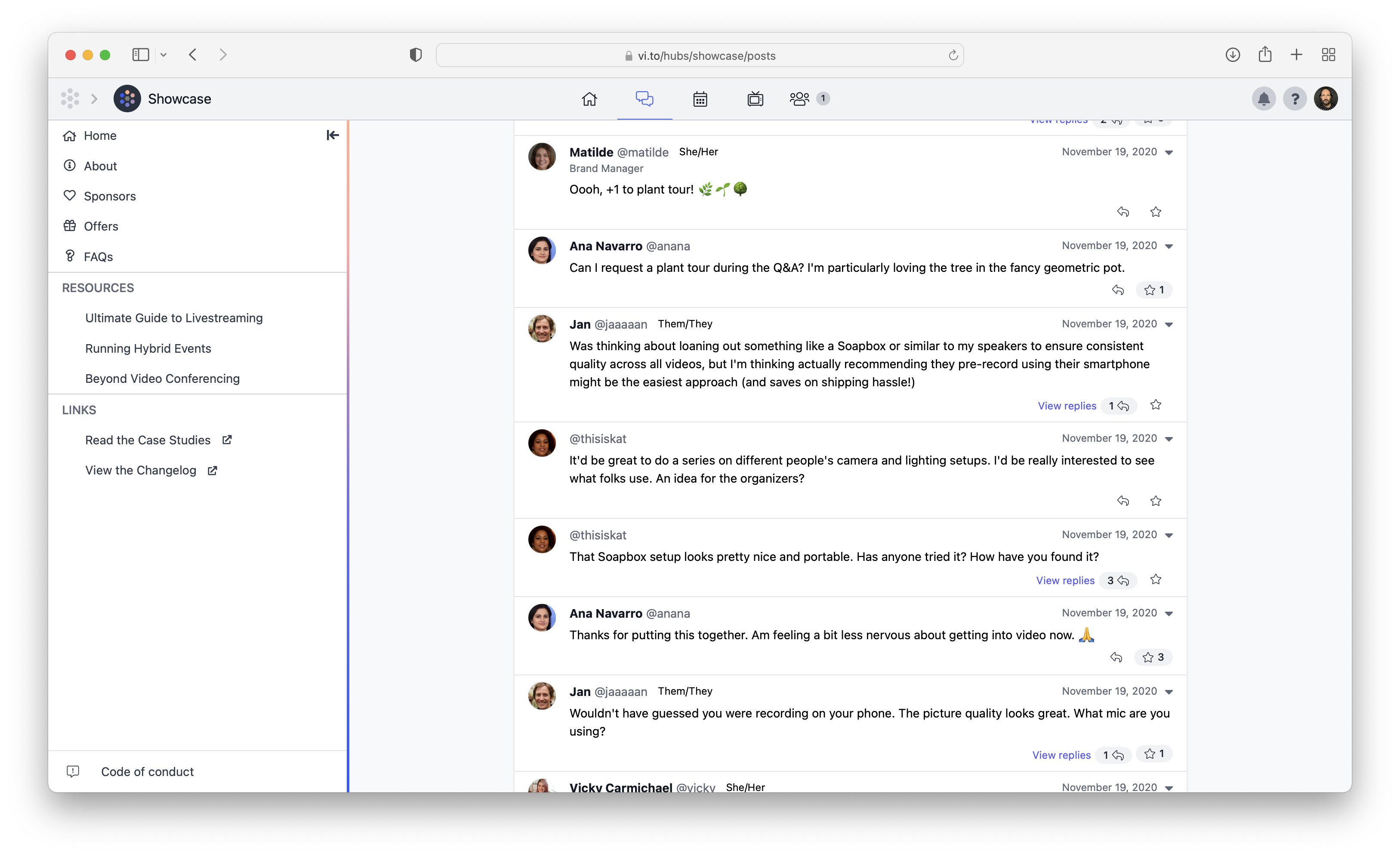 Screenshot of hub discussion