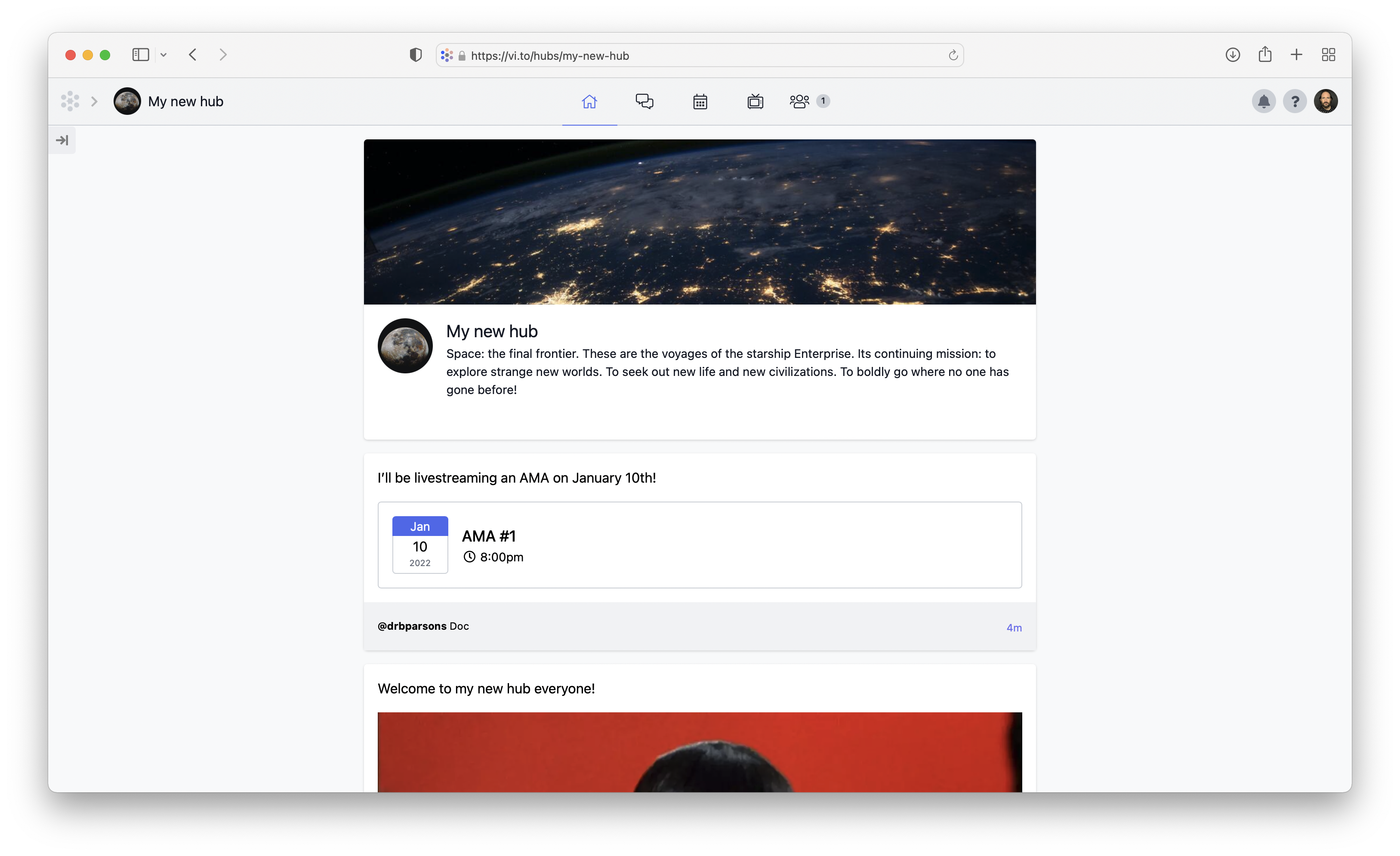 Screenshot of hub homepage